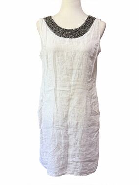 NEW Lina Tomei White Sleeveless Linen Dress with Beaded Collar US L